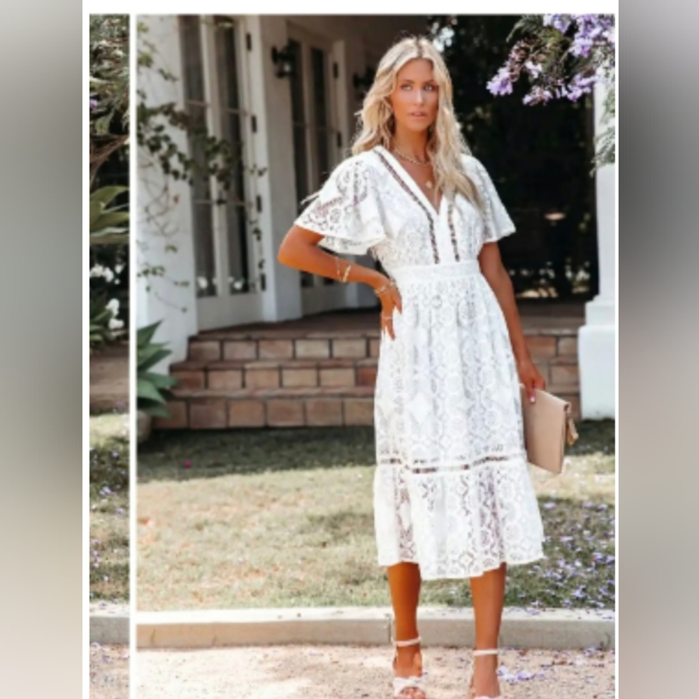 Flying Tomato White Lace Midi Dress